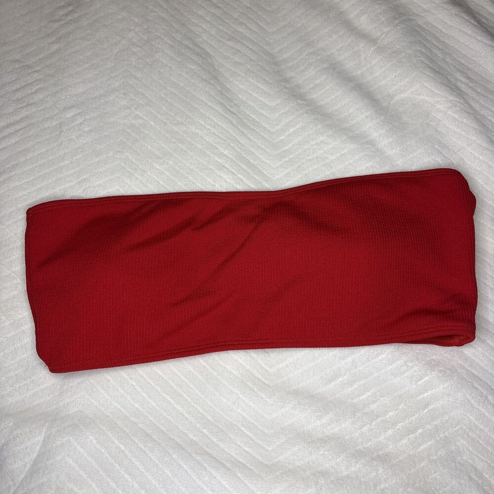 Red Bandeau Swim Tube Top Size L Strapless Stretchy Ribbed Seamless Bralette